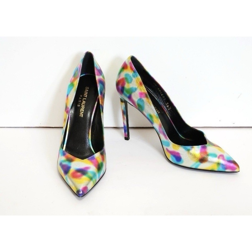 YSL Saint Laurent Paris Rainbow Metallic Pointed Toe Stiletto Pumps EU 36.5
